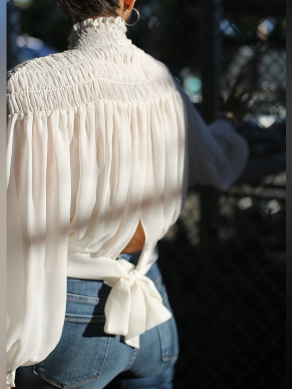 Frame Denim Smocked High-Neck Long Sleeve White Blouse - Picture 6 of 6